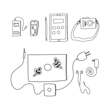 Vector illustrationModern society ectronic device illustration. Different portable gadgets: smart phone, laptop, tablet, mobile phone, power bank, headphone, camera.のイラスト素材