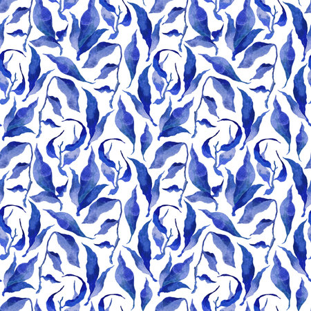 Hand painted watercolor ink leaves seamless floral pattern background. Blue leaves seamless...