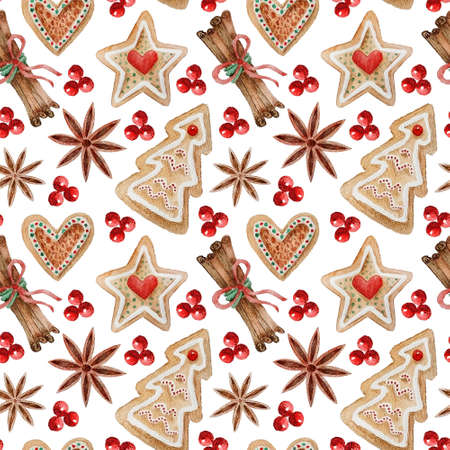 Watercolor seamless pattern with Christmas elements, gingerbread cookies and spices. Hand painted gingerbread cookies, sweets, red berries, anise and cinnamon sticks. Hand drawn winter holiday objectsの写真素材