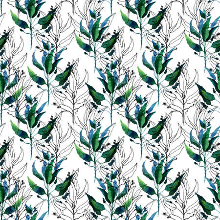 Seamless pattern with stylized watercolor leaves. Floral endless pattern filled with green and blue leaves. Watercolor hand drawn illustration on white background.Ideal for wallpaper, textile print.の写真素材