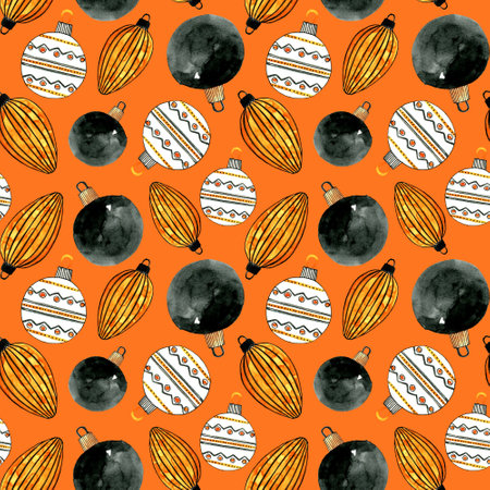 Christmas tree vintage glass toys. Seamless winter pattern illustration. Christmas balls. Happy new year holidays elements orange background.の写真素材