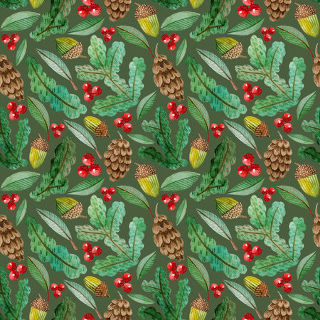 winter watercolor seamless pattern with pine branches, cones, acorns and red berries. hand drawn...