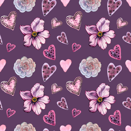 purple seamless pattern with watercolor peonies roses and hearts. Valentines Day backgroundの写真素材