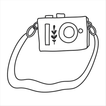 Digital Travel Camera drawing, Shooting equipment. Hand drawn device for photography. Sketch icon, vector illustration in doodle line art style.のイラスト素材