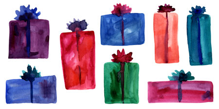 Set of watercolor colorful gift boxes with bow. Vibrant hand painted sketch of holiday packaging clipart. simple abstract design element isolated on a whiteの写真素材