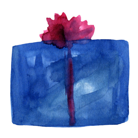Watercolor abstract blue gift box with bow drawing. Hand drawn present package with ribbon illustration isolated. holiday concept: birthday celebration, Christmas , Winter Holiday, New Year,の写真素材
