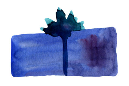 Watercolor abstract blue gift box with bow drawing. Hand drawn present package with ribbon illustration isolated. holiday concept: birthday celebration, Christmas , Winter Holiday, New Year,の写真素材