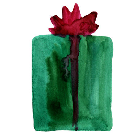Watercolor abstract green gift box with bow drawing. Hand drawn present package with ribbon illustration isolated. holiday concept: birthday celebration, Christmas , Winter Holiday, New Year,の写真素材