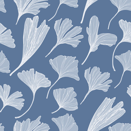 Freehand drawing navy Blue Leaves of Ginkgo Biloba tree. Modern seamless pattern for packaging design, wallpaper, textile. decorative floral ornamental backgroundの写真素材