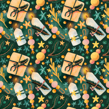 Watercolor seamless pattern with Christmas gifts in boho style, Print for new year, birthday party...