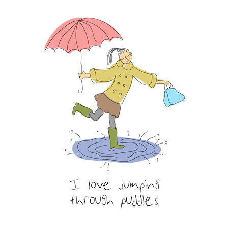 Spring mood vector sketch with girl with umbrella. Vector illustrationのイラスト素材