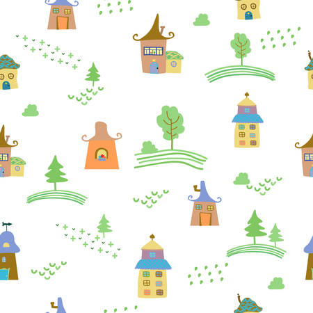 Cute colorful houses seamless pattern. Vector illustration. Fabric, textile, textureのイラスト素材