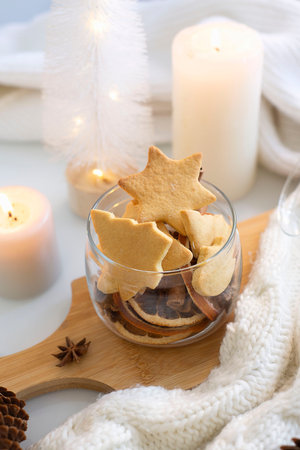 glassware with ginger cookies, dried orangesの写真素材