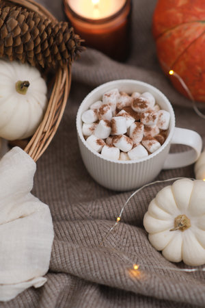 a white cup of coffee with marshmellow,Little white decorative pumpkins in basket, fir cone, burning candle and orange pumpkin, lights on knitted blanket. Top view.の写真素材