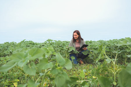 Agronomist woman inspecting sunflowers growing in the farm field in summer. Agriculture production...