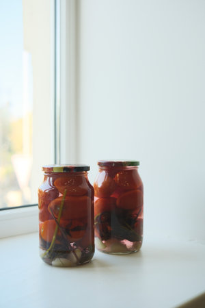 HomeCanned Vegetables Beautifully Displayed in Glass Jars on the Cozy Windowsillの写真素材