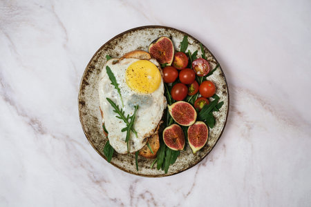 Indulge in a Delicious Breakfast Plate featuring Eggs, Seasonal Fresh Vegetables, and Herbsの写真素材