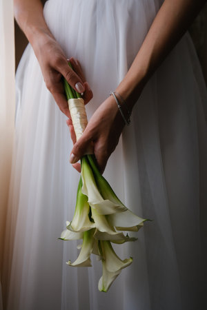 An Elegant Bride Beautifully Holding a Calla Lily Bouquet Amidst Soft and Gentle Lightingの写真素材