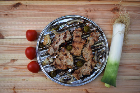 Grilled Pork steak and vegetables . Hot Meat Dishes. Top viewの写真素材