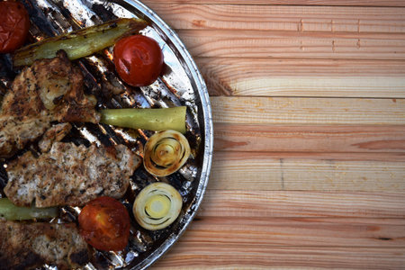 Grilled Pork steak and vegetables . Hot Meat Dishes. Top viewの写真素材