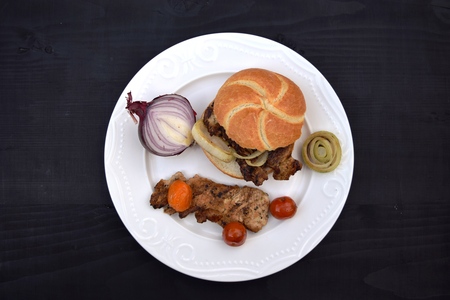 Grilled Pork steak and vegetables . Hot Meat Dishes. Top viewの写真素材
