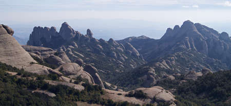 Montserrat, multi-peaked mountain range near Barcelona, in Catalonia, Spainの写真素材