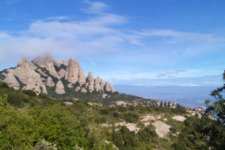 Montserrat, multi-peaked mountain range near Barcelona, in Catalonia, Spainの写真素材