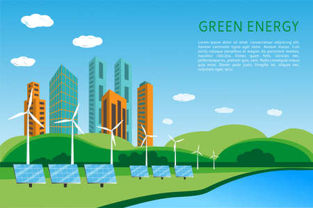 Landscape with skyscrapers, solar panels and wind turbines for generating electricity. Renewable, clean, green energy concept banner design. Flat style vector illustration. Place for your textのイラスト素材