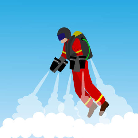 The rescuer flies to the rescue in a flying suit with a jet engine. Vector illustration, flat style.のイラスト素材