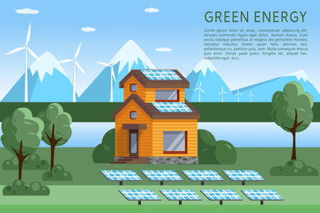 The concept of green renewable energy. Landscape with a modern eco-house, solar panels and wind turbines. Flat style vector illustration.のイラスト素材