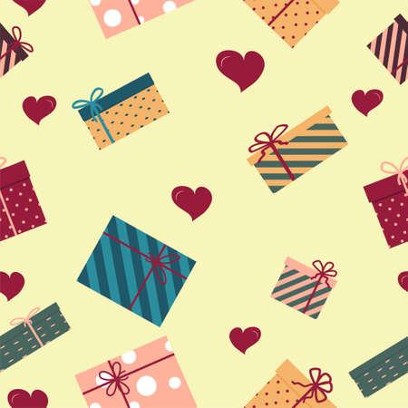 Seamless pattern with gifts and hearts. Print for printing, wrapping bouyagues, fabrics, backgrounds. Vector flat illustrationのイラスト素材