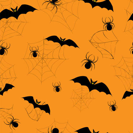 Seamless pattern with spiders for the Halloween celebration on orange background. Background with black spiders, cobwebs and bats. Vector flat illustrationのイラスト素材