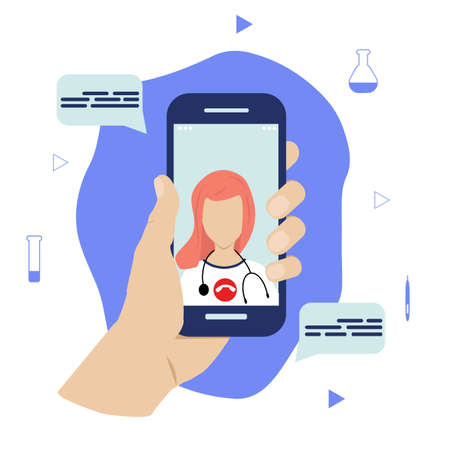 Hand holds smartphone with woman therapist on the screen. Ask a doctor. Online medical consultation or counseling service, telemedicine. Vector flat illustrationのイラスト素材
