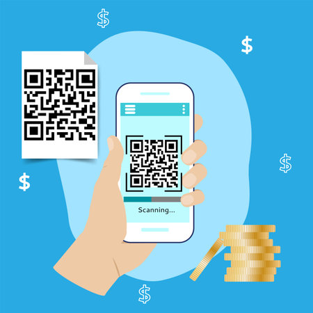 Smartphone in hand with QR code on the screen. The concept of an instant electronic payment service....