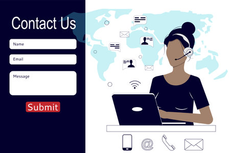 Contact us. Form template for the website and landing page. A call center agent is talking to a client in the background of a world map. Online customer support. Vector illustrationのイラスト素材