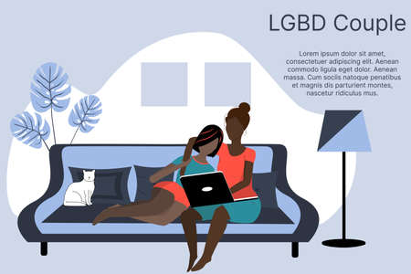 LGBT family. Happy lesbian couple at home on the couch. The concept of love for diversity, relationships, equality, law. Vector flat illustrationのイラスト素材