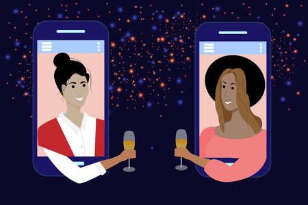 online communication on a mobile smartphone with girls on the screen with champagne against the background of fireworks for celebrating a holiday, new year, independence day or anniversary. Vectorのイラスト素材