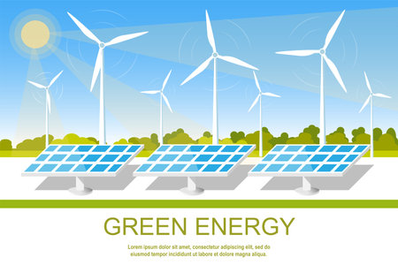 Landscape with solar panels and wind turbines. Renewable, clean, green energy concept banner design....