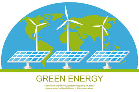 Green, renewable, clean energy concept banner design. Solar panels and wind turbines on the background of the world map. Flat style vector illustration. Place for textのイラスト素材