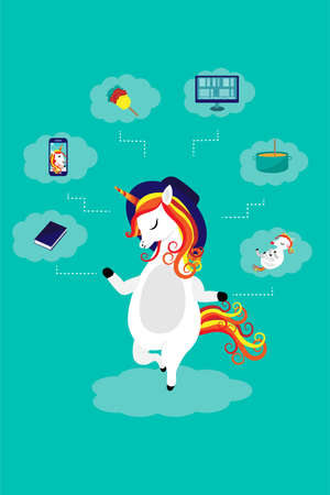 Beautiful smart unicorn mom with baby, laptop, phone, book, whisk and pan. Smart case allocation concept. Vectorのイラスト素材