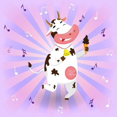 Vector funny cow dancing with ice cream on a background with notesのイラスト素材