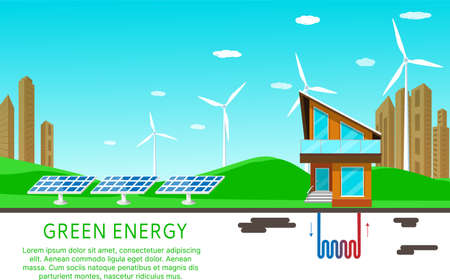 Green energy. Concept Solar, wind, geothermal energy, modern eco-home. Vector illustration.のイラスト素材