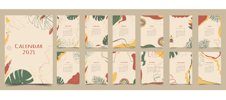 2021 Annual calendar design with all months in a bohemian style. Modern bright colorful minimalistic abstract aesthetic illustrations. Vector backgroundのイラスト素材