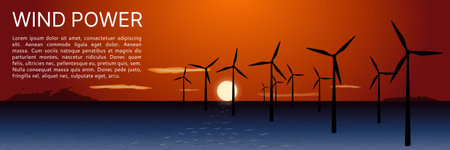 Banner of the force of the wind on the water at sunset or dawn. The concept of renewable, alternative wind energy. Space for text. Vector illustration, flat styleのイラスト素材