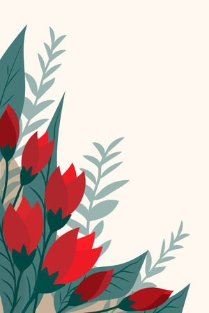 Postcard design with red flowers, tulips. International Women's Day, birthday, valentine's day, goodbye. Suitable for print, sale, application, web page, advertising. Place for textのイラスト素材