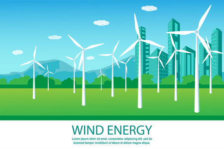Landscape with skyscrapers and wind turbines for generating electricity. Renewable, clean, green energy concept banner design. Flat style vector illustration. Place for textのイラスト素材