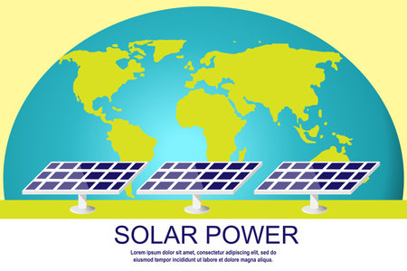 Solar panels on the background of the world map. Green, renewable, clean energy concept banner design. Flat style vector illustration. Place for textのイラスト素材