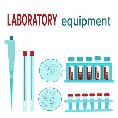 Laboratory equipment: smear, computer, automatic pipette, test tubes, Petri dish. Diagnostic method. Vector flat illustrationのイラスト素材
