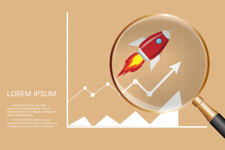 Rocket icon on the graph. The concept of growth, takeoff of business, career, start-up, innovation, investment. Vector flat illustrationのイラスト素材