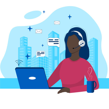 Woman with headphones and microphone with laptop customer service. Concepts for customer support, help, call center. Vector flat illustrationのイラスト素材
